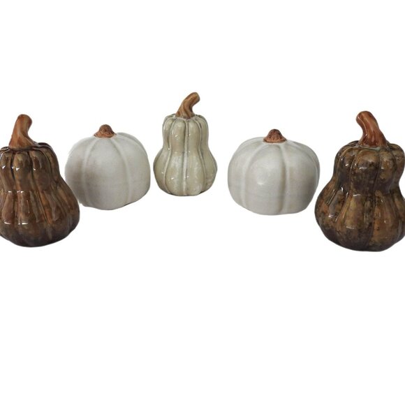 Small Ceramic Gourds Pumpkins Set of 5 Neutral Colors Glaze - Picture 4 of 7